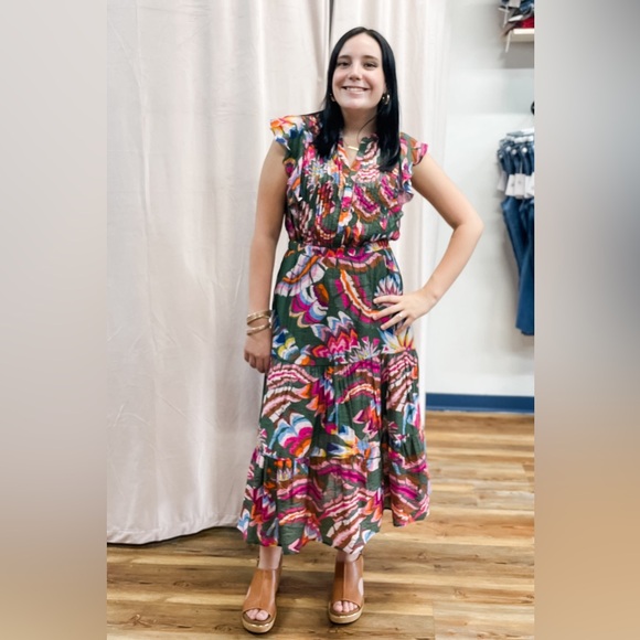 THML Green & Colorful Floral Print Midi Dress Flutter Sleeves Pleated BNT0026 - Picture 1 of 4